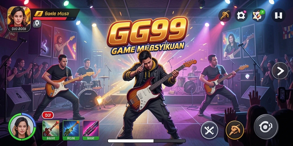 Tangkapan layar GG99 menunjukkan gameplay seru dengan musik yang menggugah semangat.