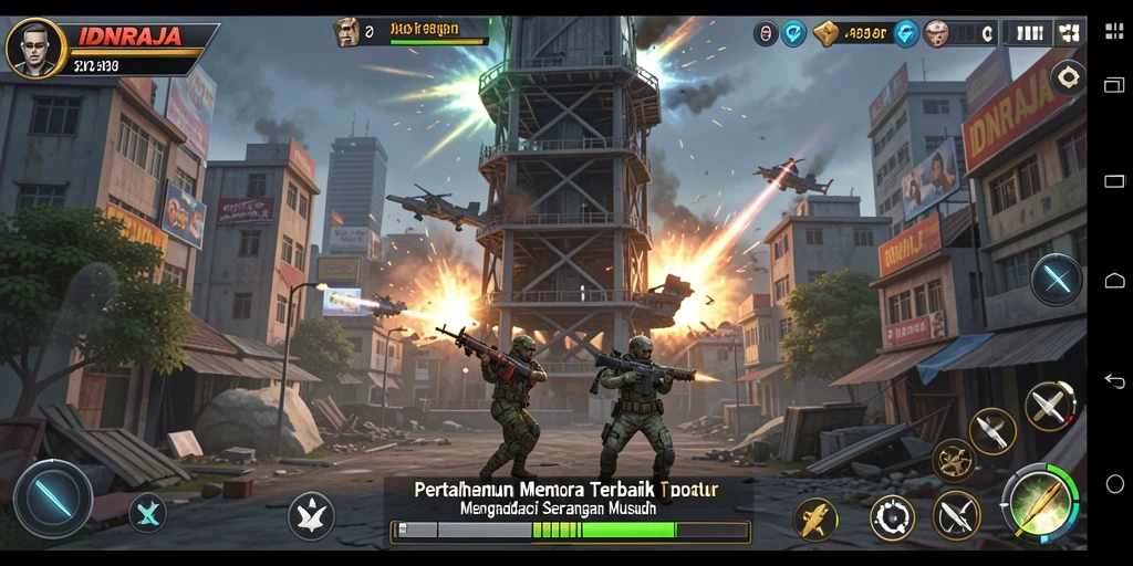 Screenshot IDNRAJA yang menunjukkan aksi menara pertahanan melawan gelombang musuh.