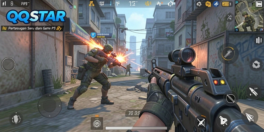 Screenshot utama QQSTAR menunjukkan gameplay tembak-menembak yang intens.