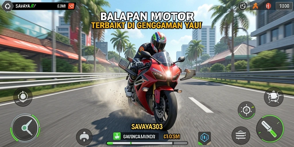 Tampilan gameplay yang mendebarkan dari SAVAYA303 saat balapan motor.